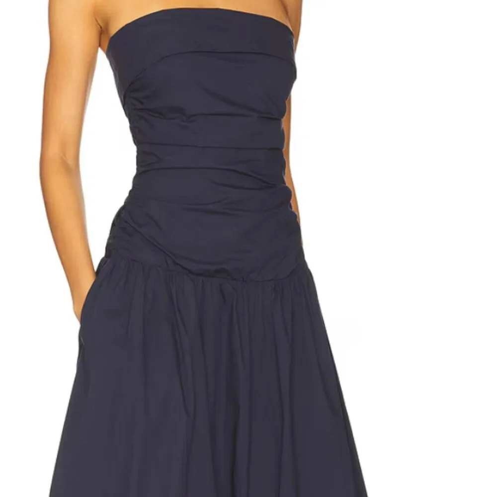 Band of the Free Midi Dress Strapless Ruched Smocked Black Cotton Small